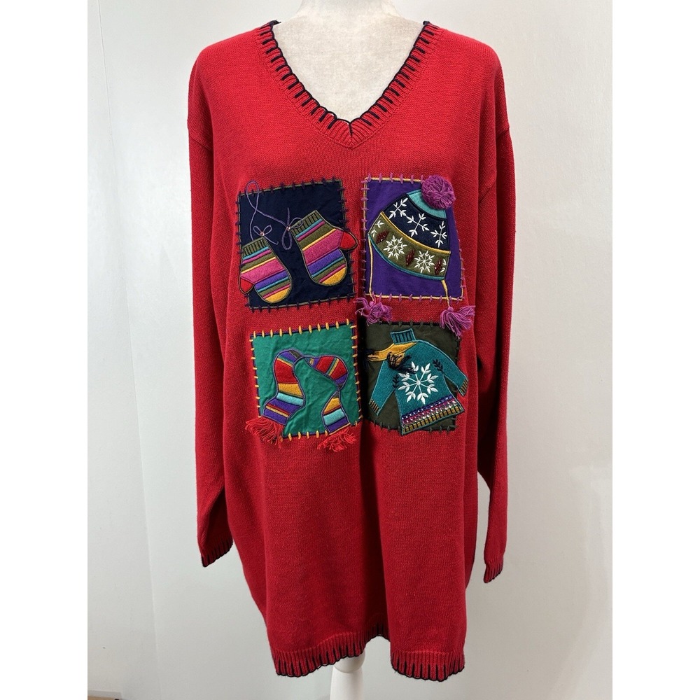 NEW! Vtg C.S.T. Christmas Winter Theme Sweater Sz 3X Plus Red Women's Ramie